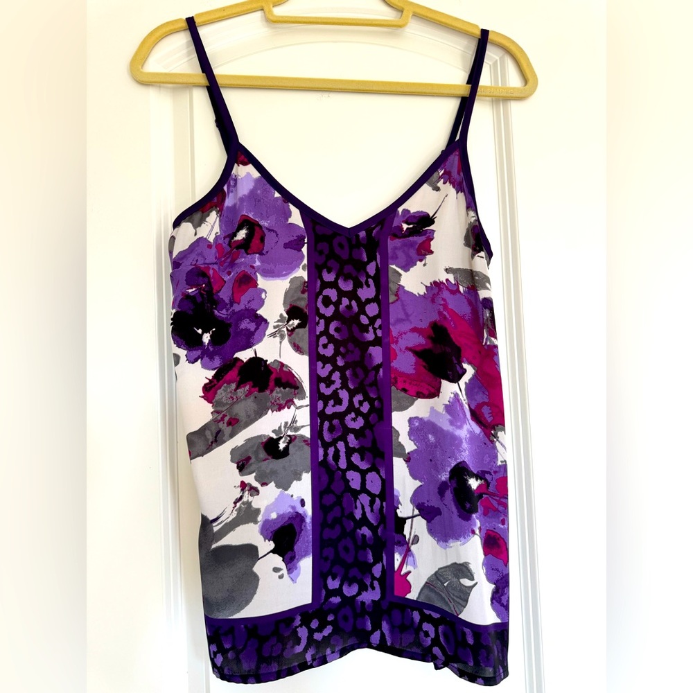 Express Purple Floral V-Neck Cami with Magenta Accents